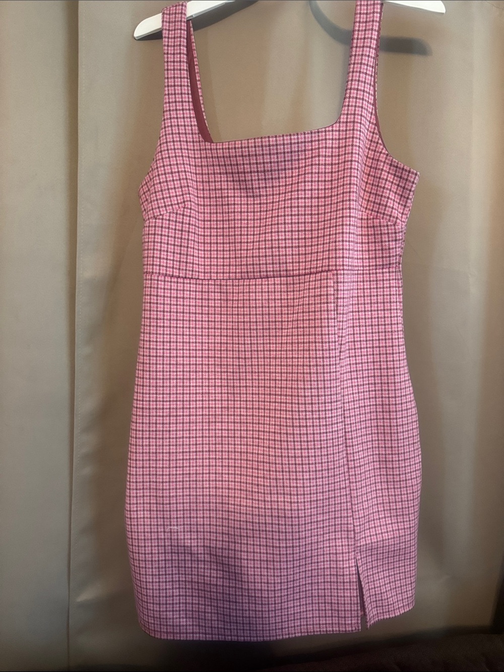 Forever 21 Pink Check Square-Neck Mini Dress with Front Slit